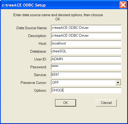 c-treeACE SQL ODBC Configuration Window
