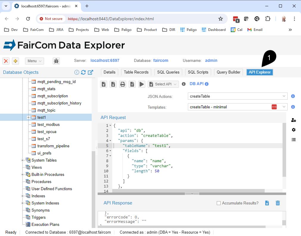 API Explorer Tab of FairCom's Data Explorer web application.