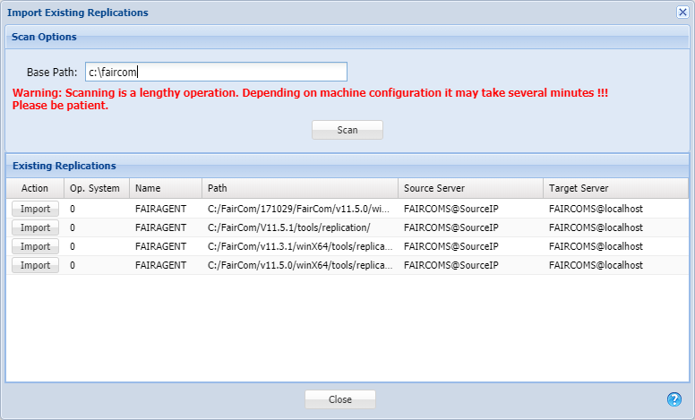 Import Existing Replications window