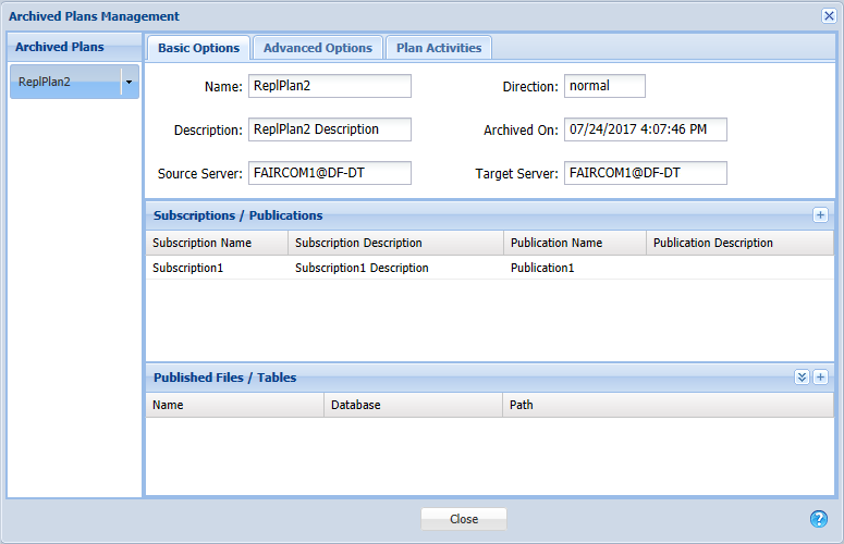 Archived Plans Management window