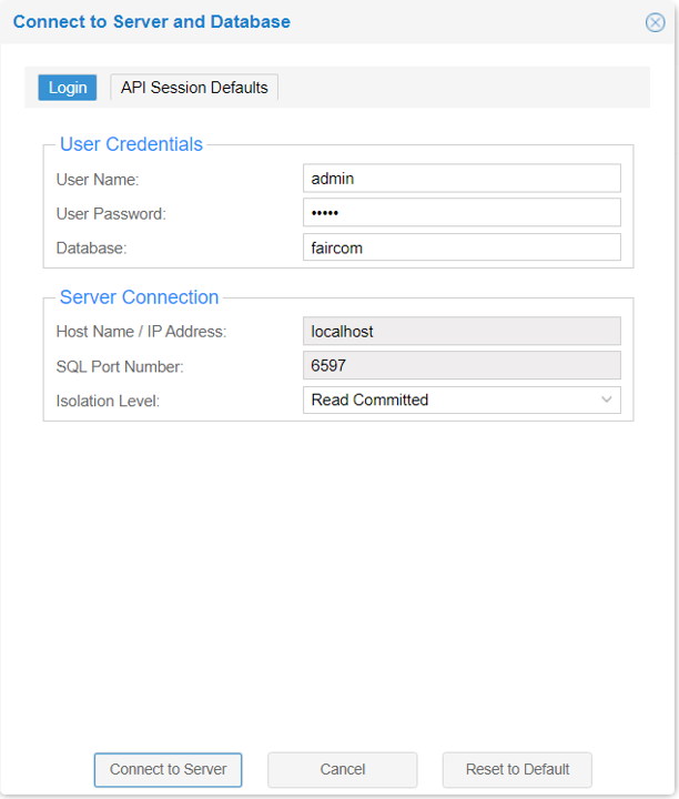 Connect to Server and Database window